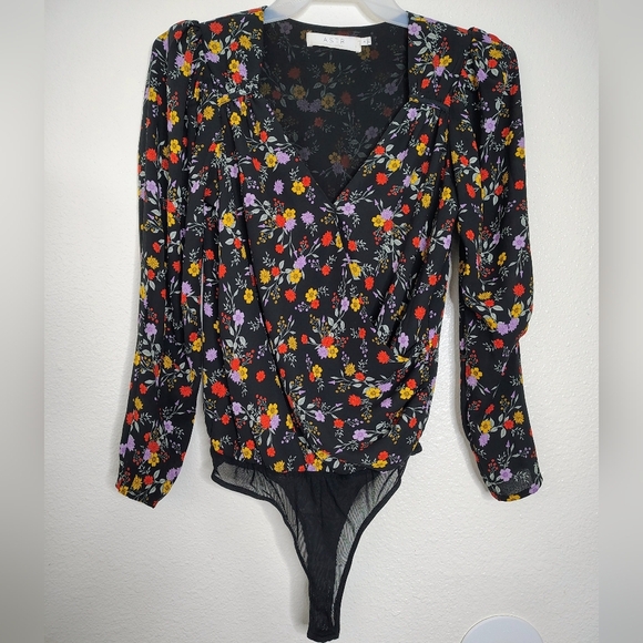 Astr Black Bernadette Style Floral Print Long Sleeve V-Neck Bodysuit Sz S Boho - Picture 9 of 15